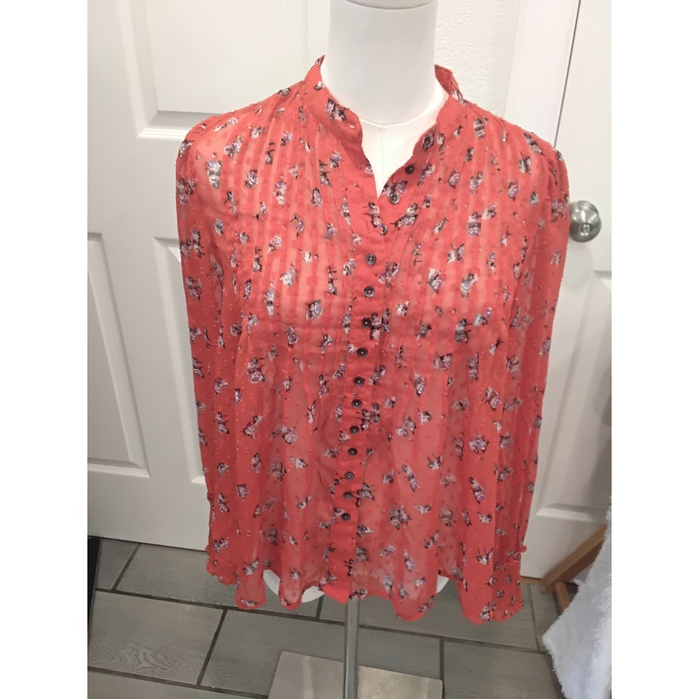 Free People Coral Pink Floral Swiss Dot Pleated Button Front Blouse XS